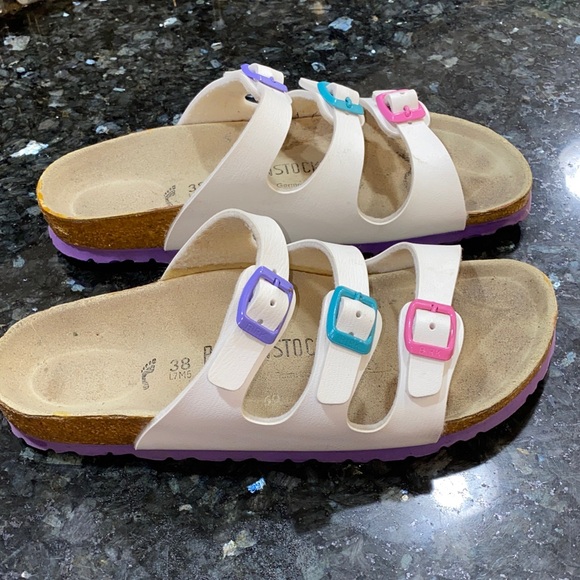 Birkenstock Florida White Sandals - Size 7-7.5 Purple, Pink and Blue Buckles - Picture 1 of 12
